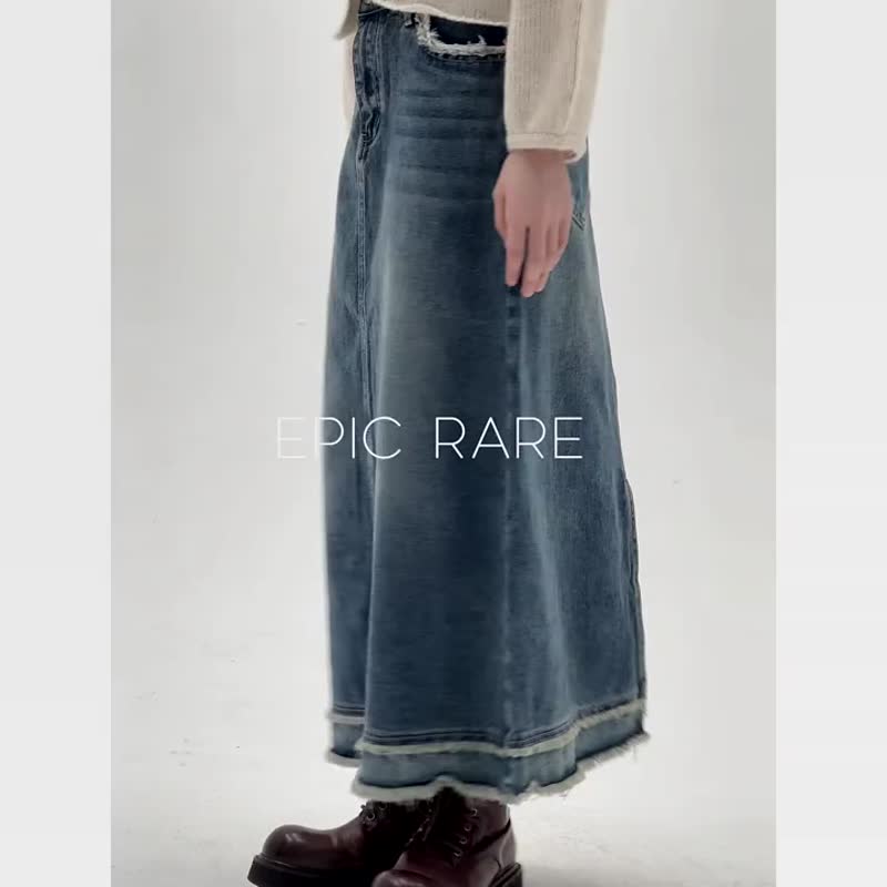 Denim blue raw edge denim skirt high waist slimming early autumn casual simple mid-length skirt SL - กระโปรง - ผ้าฝ้าย/ผ้าลินิน สีน้ำเงิน