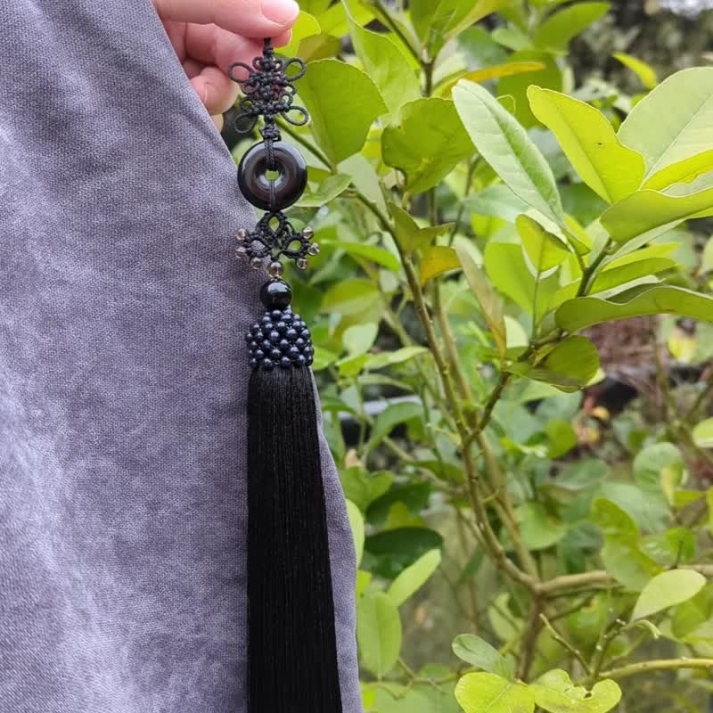 Pendant, crystal tassels, tassels, black agate safety buckle, large bead crown, hole flute, flute pendant, waist pendant, Hanfu accessories - พวงกุญแจ - คริสตัล สีดำ