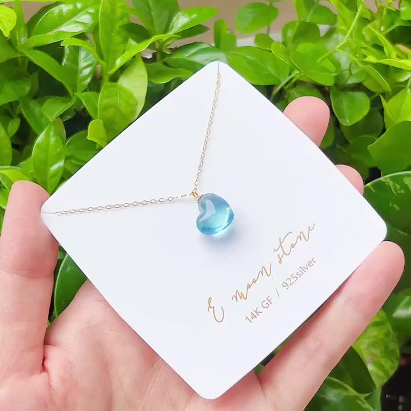 冰透藍胖鼓鼓愛心 天然海藍寶鎖骨鍊 14K - 項鍊 - 水晶 藍色