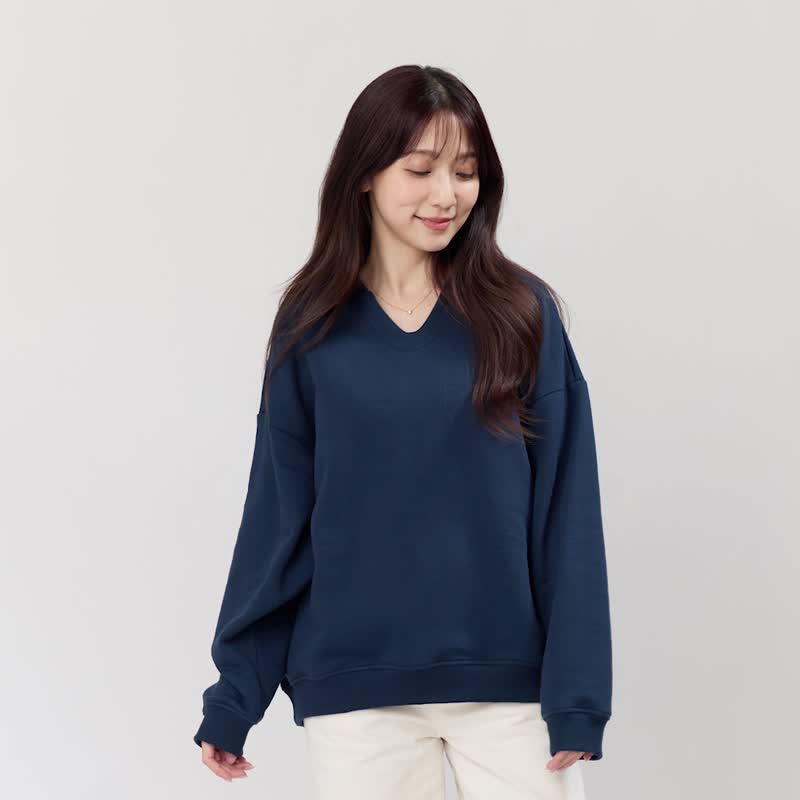 Ruth有領刷毛保暖長袖厚磅T恤三色 - 帽T/大學T - 棉．麻 藍色