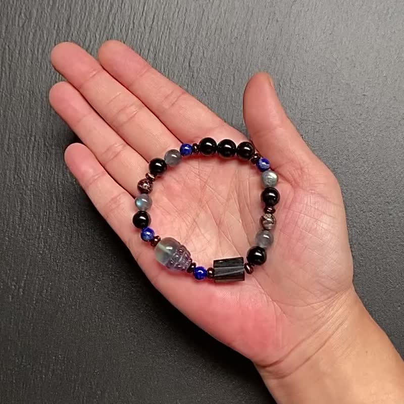 拉長石 黑曜石 青金石 幽靈水晶 椰殼 黑碧璽 漸層螢石貔貅手鍊 - 手鍊/手環 - 水晶 多色