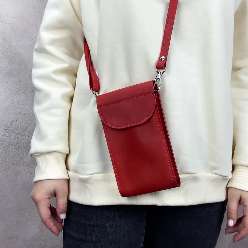 Mini Leather iPhone Bag/Small Crossbody Wallet Purse/Leather Shoulder Phone Case - กระเป๋าแมสเซนเจอร์ - หนังแท้ สีแดง