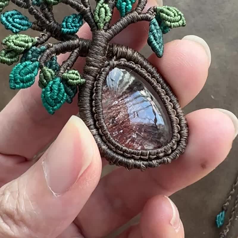 N1176 民族風 蠟線編織 幽靈水晶 生命之樹 項鍊 (可調長度) - 項鍊 - 寶石 咖啡色