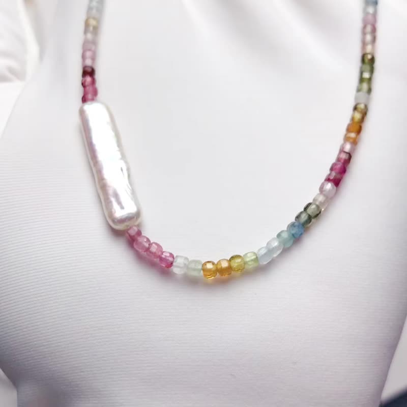 Pure hand-made 14K gold-covered natural round beads candy Tourmaline small silve - Necklaces - Gemstone Multicolor