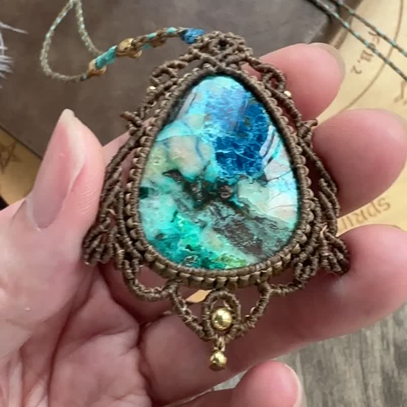 N987 蠟線編織 藍矽銅礦 天河石珠 銅珠 頸鏈 (可調長度) - 項鍊 - 寶石 咖啡色