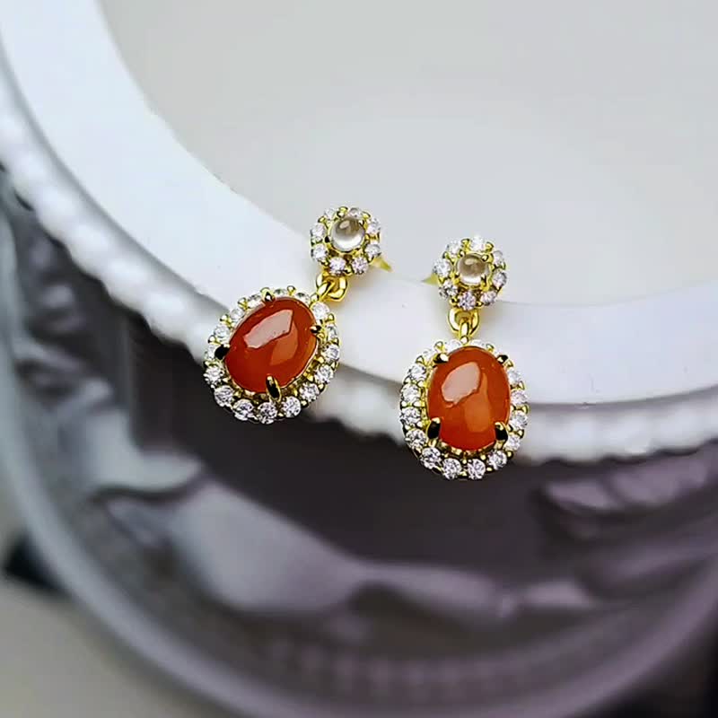 Luck·Emotion·Except for Tai Sui|Macaron Ice Red Jade|Myanmar A-quality Jade No-burning Red Jade Egg Face Earrings - Earrings & Clip-ons - Jade 