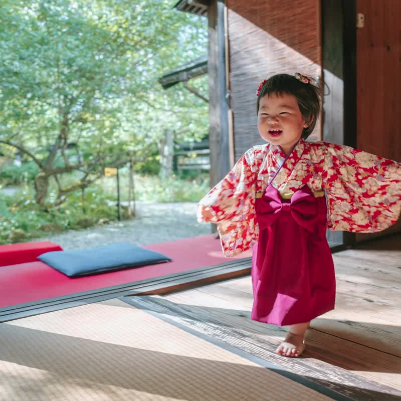 Hakama Dress - Running water fower Red - Dark red - Kids' Dresses - Cotton & Hemp Red