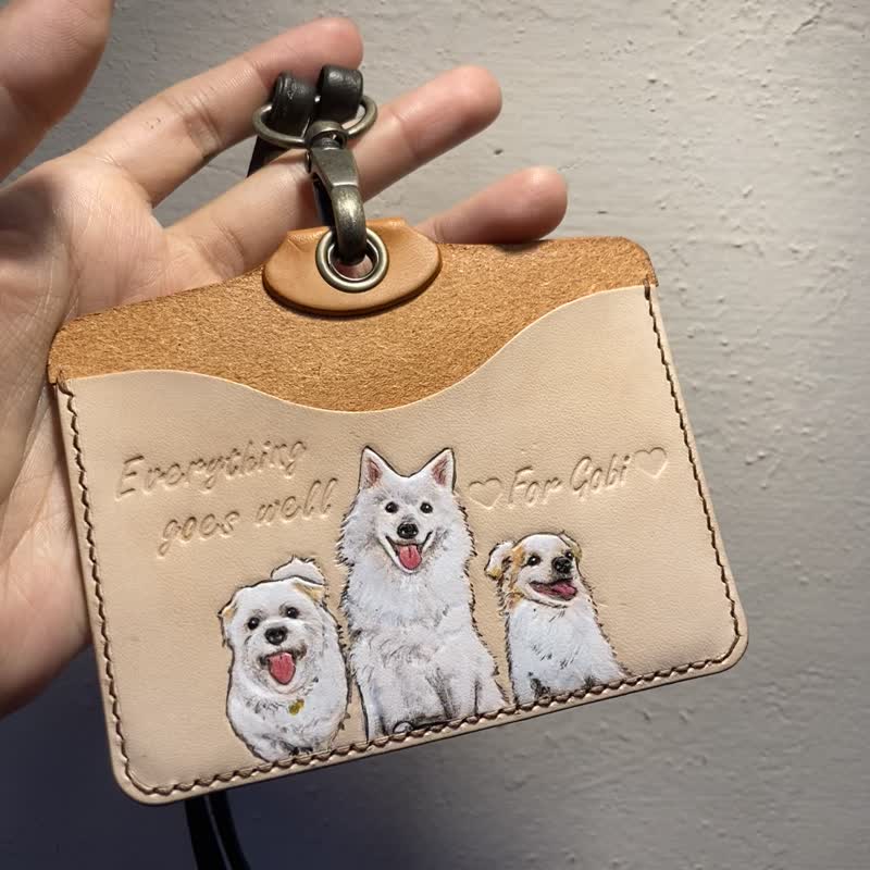 Customized furry child horizontal ID holder/micro leather carving pet/customized English name/earth color - ที่ใส่บัตรคล้องคอ - หนังแท้ สีส้ม