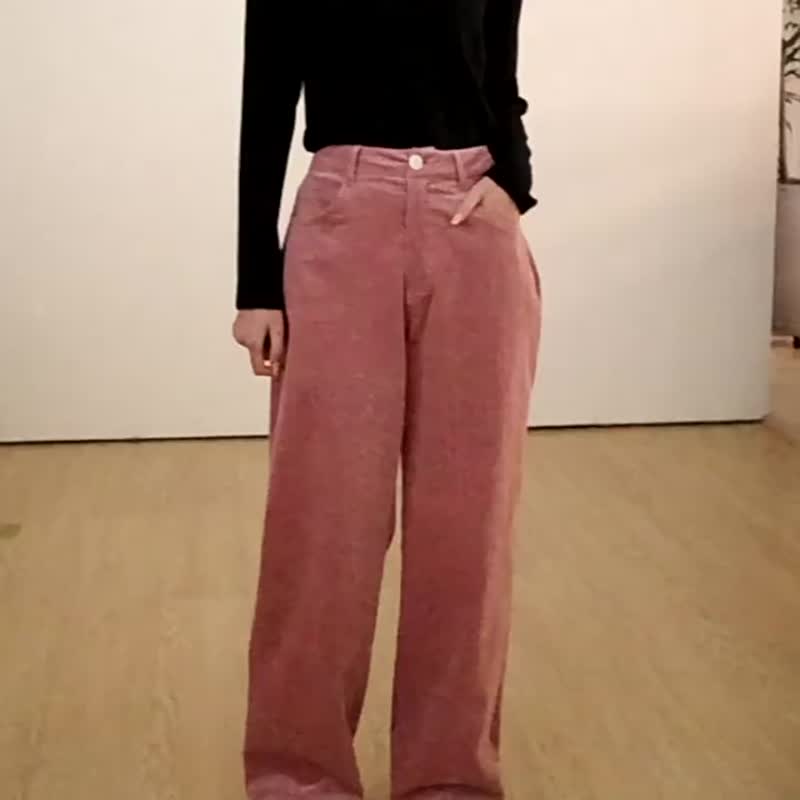 Rose pink 3-color pear-shaped body friendly autumn and winter straight retro casual corduroy trousers show thin legs - กางเกงขายาว - ผ้าฝ้าย/ผ้าลินิน สึชมพู