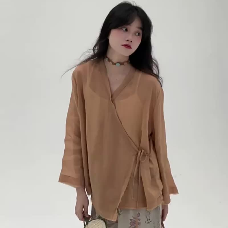 2顏色 苧麻和服毛邊開衫 日式文藝復古百搭氣質上衣罩衫 - 女上衣/長袖上衣 - 棉．麻 橘色