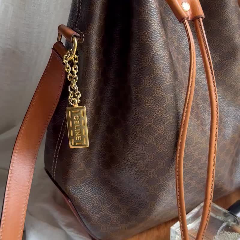 稀有美品Vintage Celine 中古棕花斜揹水桶包 - 束口袋/束口背包/水桶包 - 防水材質 