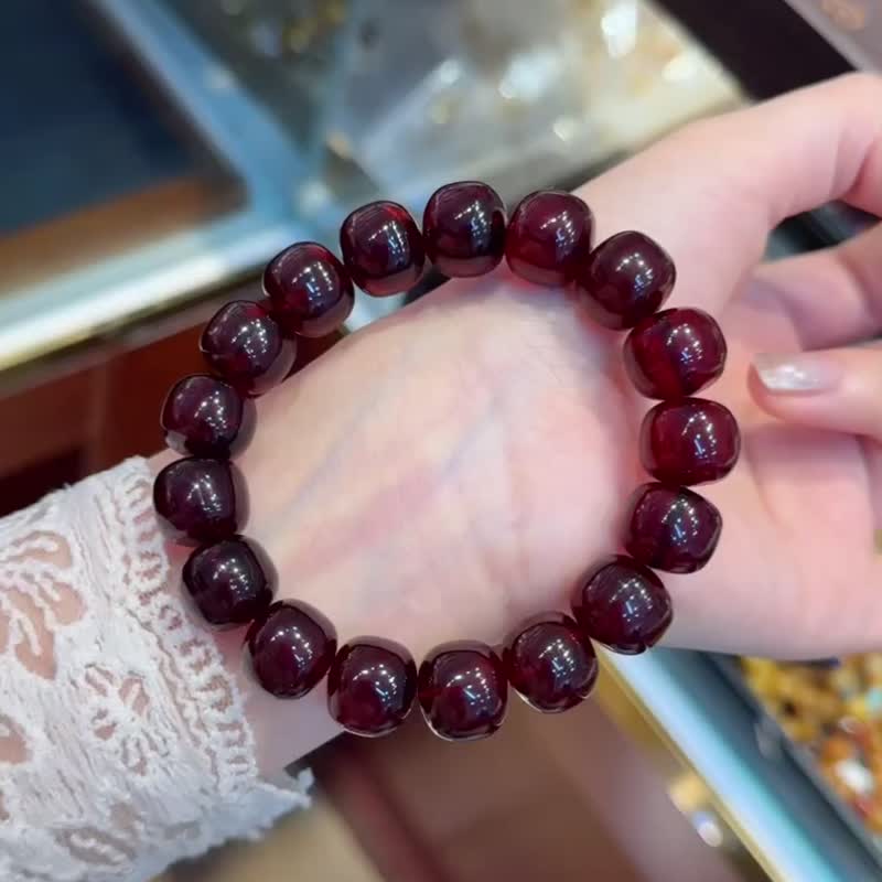 Collection-level natural blood amber old type 14MM single-loop bracelet natural amber particles full color ruddy - สร้อยข้อมือ - คริสตัล 