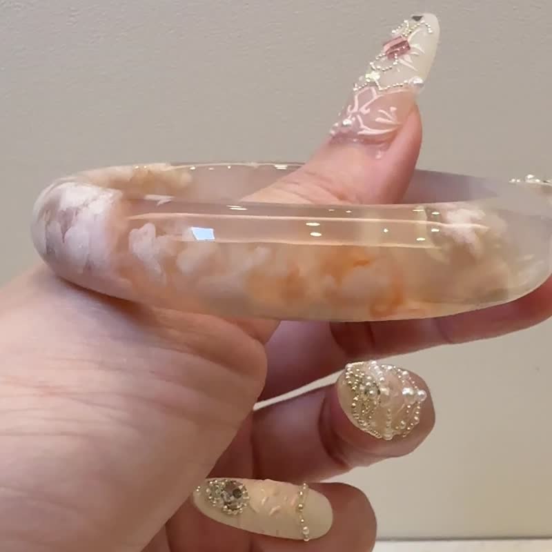櫻花瑪瑙手鐲 瑪瑙手鐲冰透水中粉炸花紅勾邊超美意境圈口55/56 - 手鍊/手環 - 玉石 
