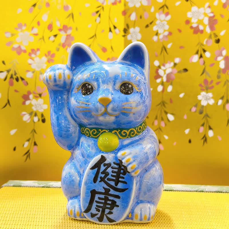 【青晶祈健】日本清水燒招財貓 | 花結晶 青 - 健康 右 - 擺飾/家飾品 - 瓷 藍色