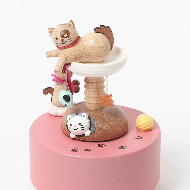 【Happy cats】Mini-Music Go Round Music Box | Wooderful life - Items for Display - Wood Multicolor