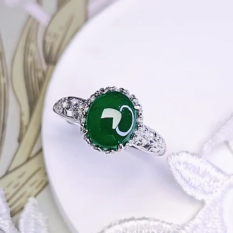 Welfare price | Wealth | A-grade jade old pit ice green large egg surface 9.2mm sterling silver hollow lace style ring - แหวนทั่วไป - หยก 