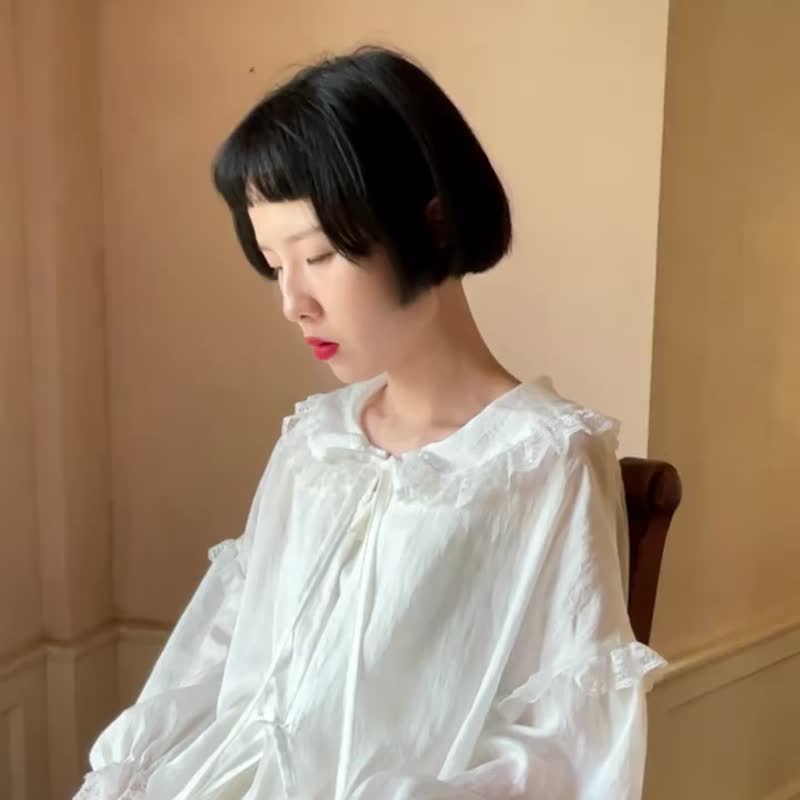 月光白 柔光少女娃娃領蕾絲花邊防曬服 夏季寬鬆輕薄外套長罩衫 - 女襯衫 - 棉．麻 白色