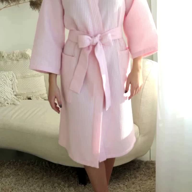 時尚棉質華夫格長袍 新娘結婚紀念日的理想禮物 NK08 - 睡衣/居家服 - 棉．麻 粉紅色