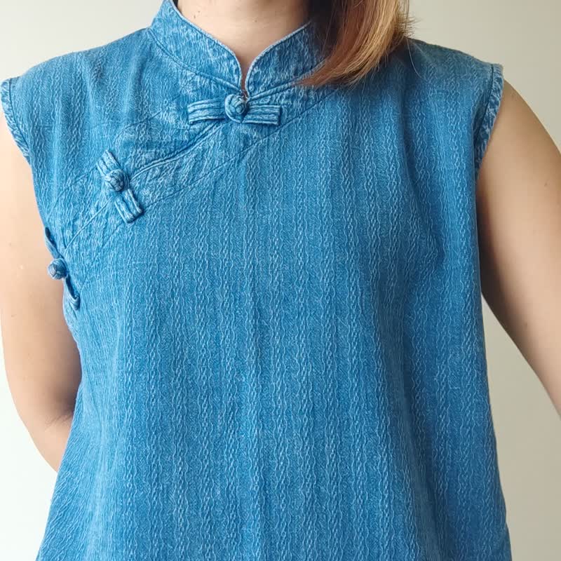 Ying - Mandarin Collar Sleeveless Top - Women's Tops - Cotton & Hemp Blue