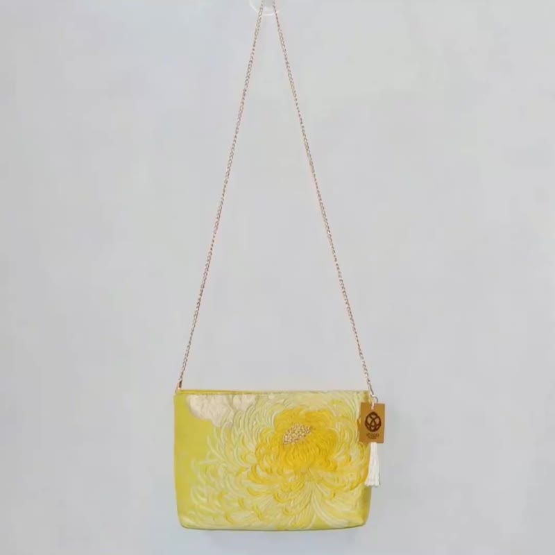 Handmade Silk Kimono Obi Shoulder Bag | Upcycled Embroidered Crossbody AFB Line - กระเป๋าแมสเซนเจอร์ - ผ้าไหม สีเหลือง