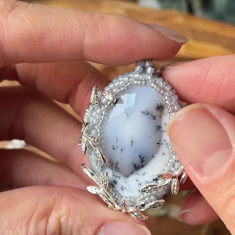 Dendritic Opal 樹枝蛋白石 立體感 串珠吊墜 配寶石鏈 - 項鍊 - 水晶 銀色