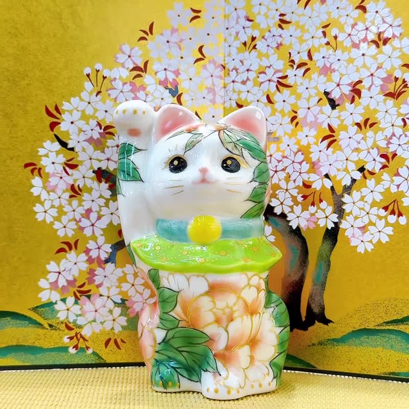 【福丹綻華】日本清水燒招財貓 | 色繪 - 白地 牡丹 - 擺飾/家飾品 - 瓷 白色