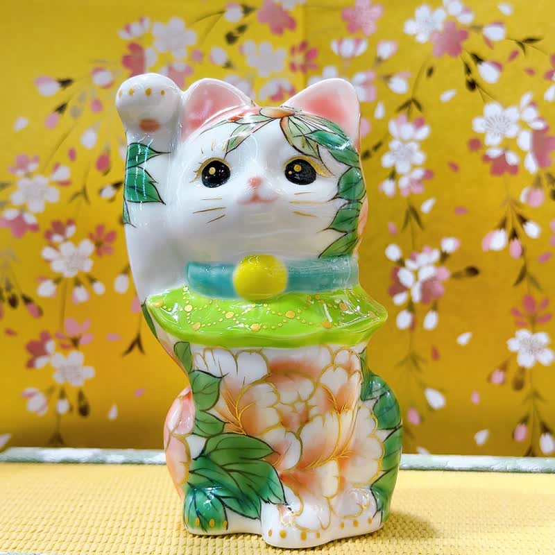 【福丹綻華】日本清水燒招財貓 | 色繪 - 白地 牡丹 - 擺飾/家飾品 - 瓷 白色