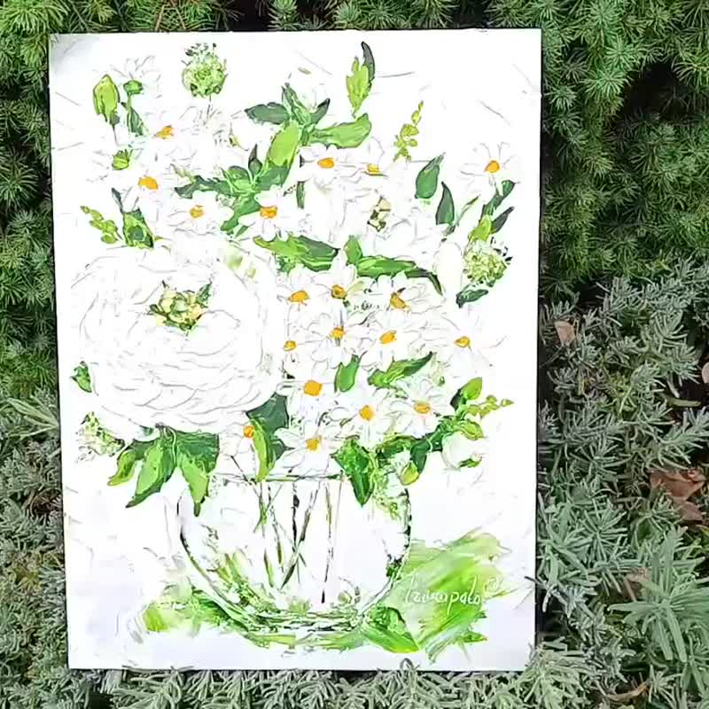 Abstract Peony Floral Painting White Daisy in Vase 16 x 12 - 壁貼/牆壁裝飾 - 其他材質 白色