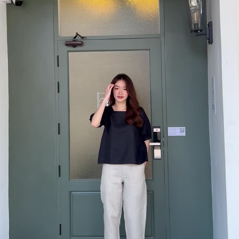 Primrose  Blouse : Breathable  Linen Dresses Short Sleeves Black Color - 女上衣/長袖上衣 - 棉．麻 黑色