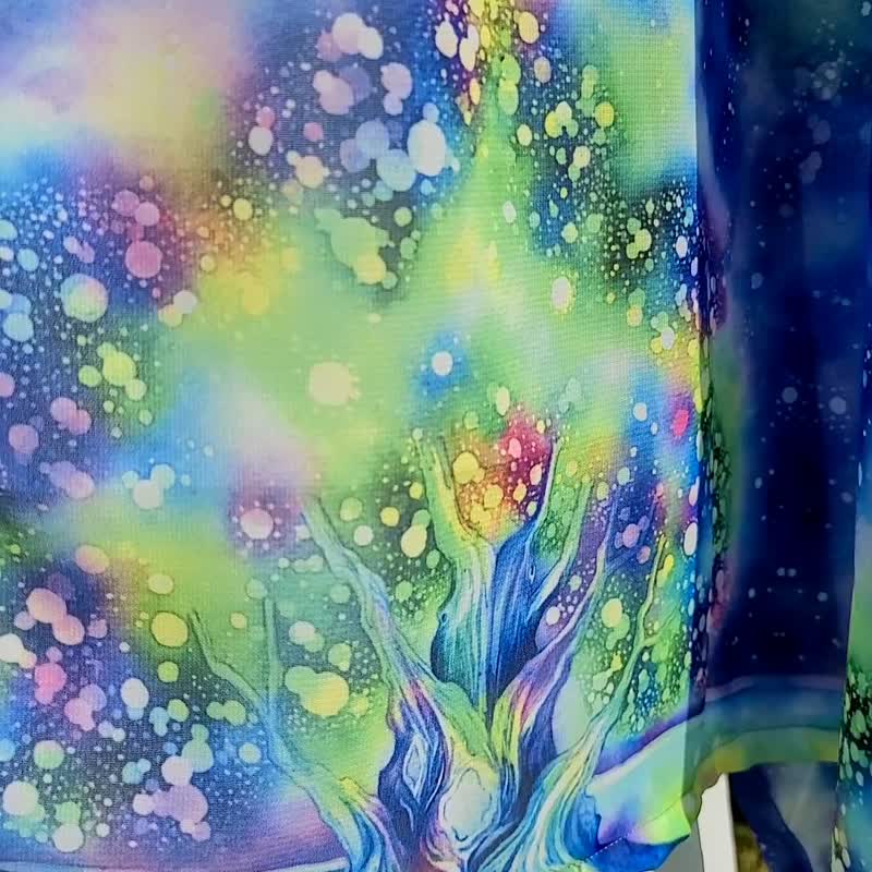 再販OK【mother tree of stars】オリジナルデザイン　水彩画シフォンストール　アートスカーフ　星空　贈り物 - 絲巾 - 聚酯纖維 藍色