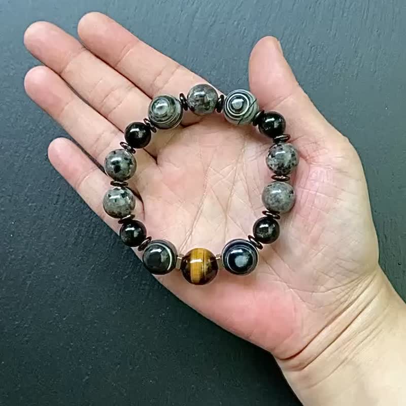 Agate Sky Eye Bead x Golden Sand Obsidian x Stone Stone x Coconut Shell x Flame Stone Bronze Bracelet Customized Gift - Bracelets - Crystal Multicolor