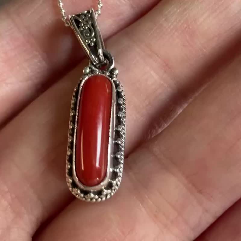 Natural Italian Coral Pendant Necklace Nepal Handmade 925 Sterling Silver - Necklaces - Jade Red