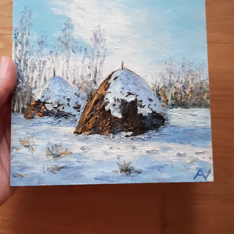 Winter Haystack Original Oil Painting, Snowy Landscape Impasto Artwork - Wall Décor - Wood 