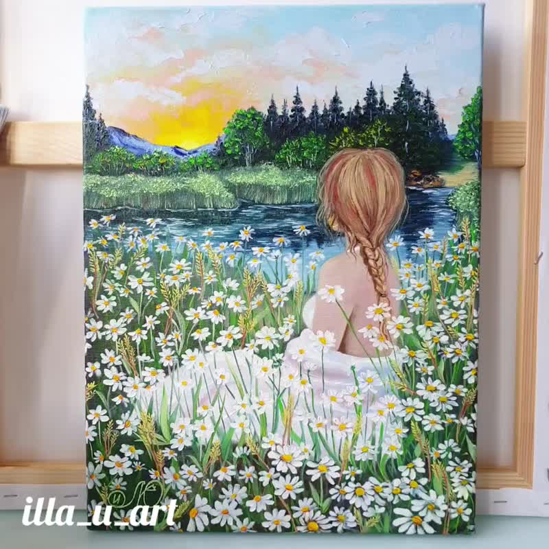 Girl Painting Daisy Original Art Landscape Artwork Oil Painting Canvas Art - 海報/掛畫/掛布 - 棉．麻 綠色