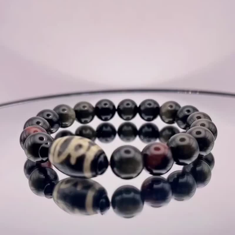 Oval God of Wealth Black Agate Dzi Beads & Red Tiger Eye Balls & Bead Diameter 10mm Gold Stone Ball Bracelet - Bracelets - Jade 