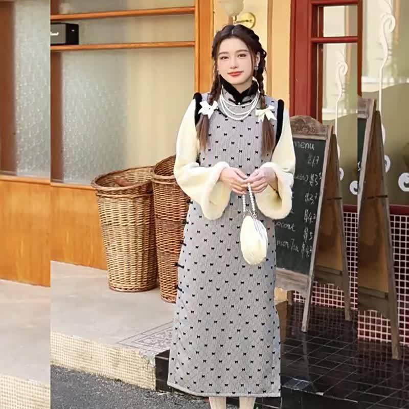 國風少女 黑白蝴蝶結洋裝旗袍 馬甲裙兩件套 新中式春節連身裙 - 洋裝/連身裙 - 聚酯纖維 白色