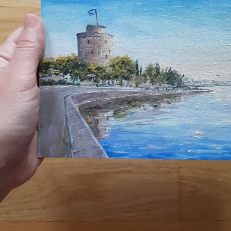 Thessaloniki White Tower Original Oil Painting, Greek Seascape Miniature - ตกแต่งผนัง - กระดาษ 