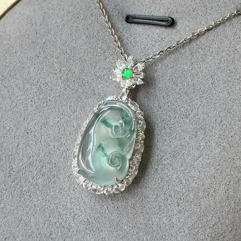 Shining Steel*Glass Floating Flower Jade Ruyi/18K/White Steel Jade|Natural Grade A Jadeite Necklace - Necklaces - Jade White