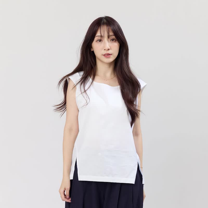Dolly 簡約棉質夏日無袖小開岔上衣/ 純白 - 女上衣/長袖上衣 - 棉．麻 藍色