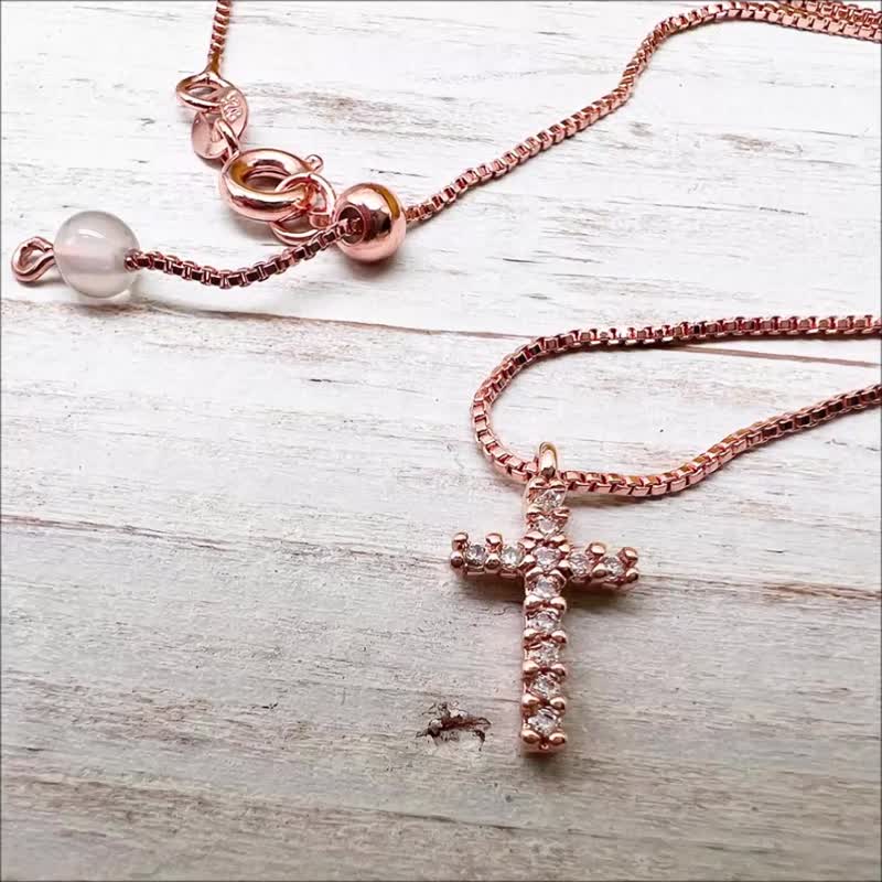 Cross Necklace Thick Rose Gold Length 15mm Pendant Rose Gold Plated Silver Chain - สร้อยคอทรง Collar - เงินแท้ สีทอง