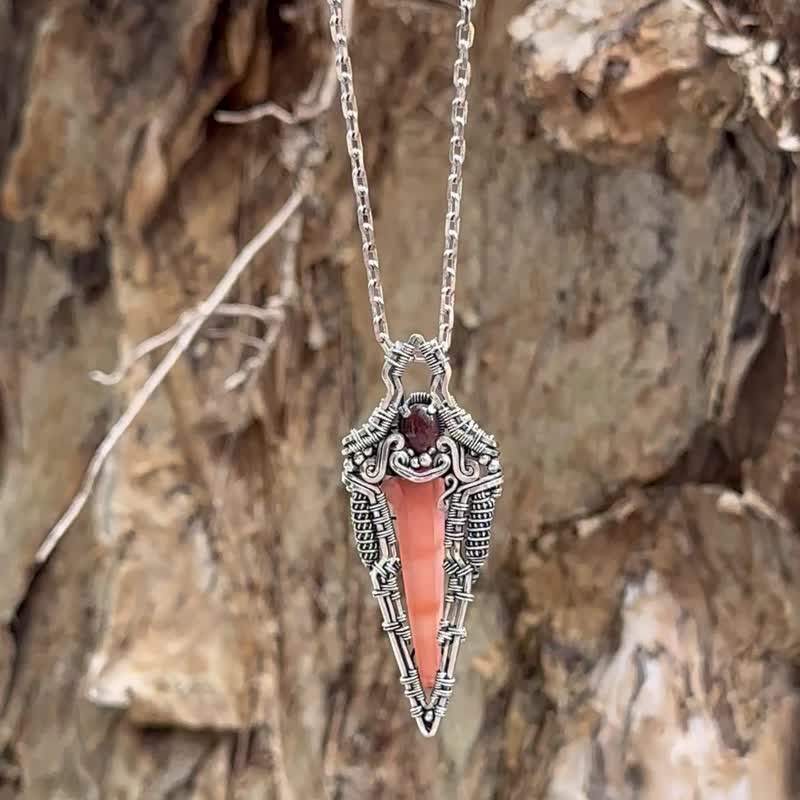 Red Crystal Column Cat's Eye Staurolite Sterling Silver Necklace - Necklaces - Crystal Red