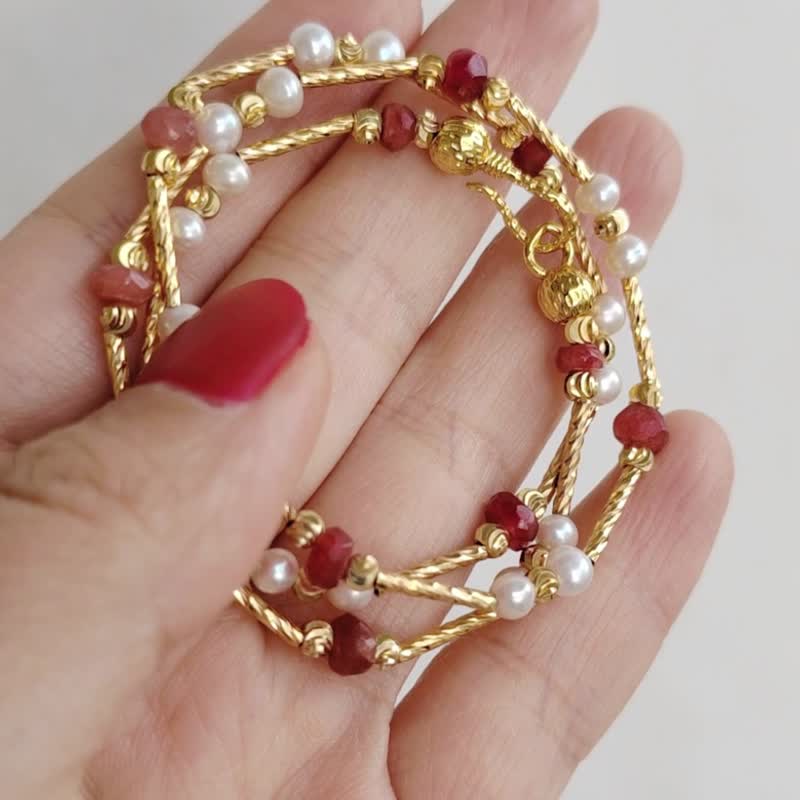 天然パールとルビーのビーズネックレス 天然石チョーカー 40/60cm レイヤードセーターチェーン 色持ちが良い - ネックレス - 半貴石 ゴールド