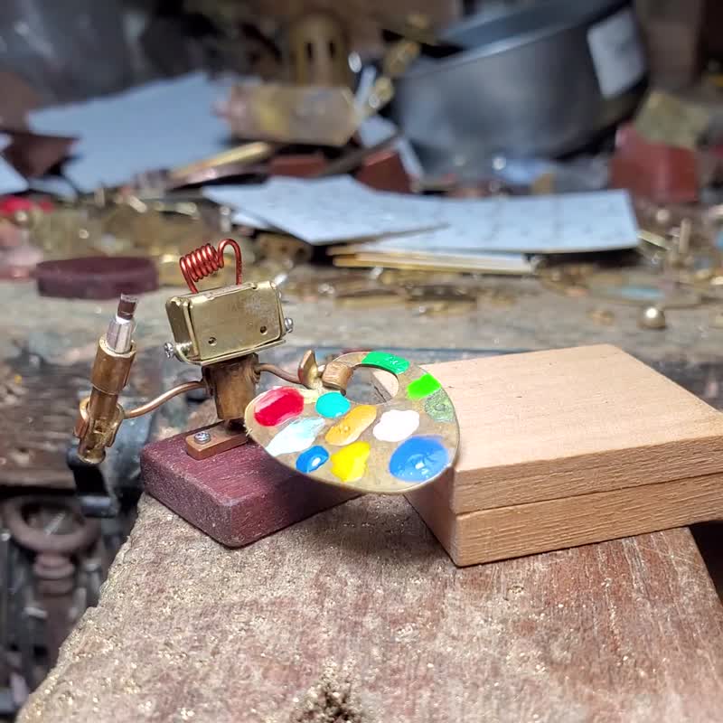 小畫家機器人手作銅雕擺飾 微型畫具場景 機械風藝術創作 - 擺飾/家飾品 - 其他金屬 