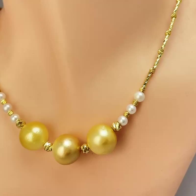 金色光芒 天然海水珍珠 菲律賓金珠 中金色 純銀 項鏈/毛衣鏈 - 項鍊 - 珍珠 金色