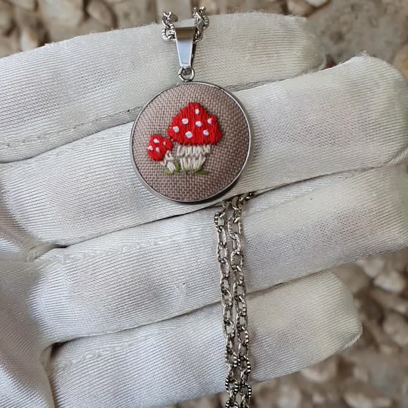 Hand embroidered mushroom on pendant, hand embroidery jewelry necklace - Necklaces - Thread Red