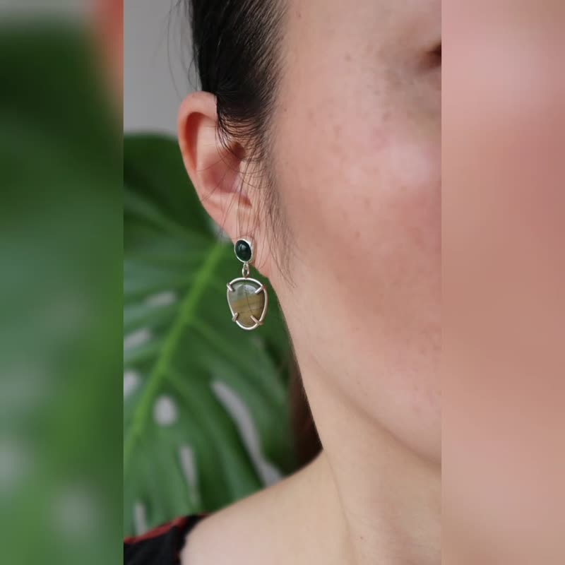 綠瑪瑙碧玉石耳環-925銀-手作-純銀耳針 - 耳環/耳夾/耳骨夾 - 純銀 綠色
