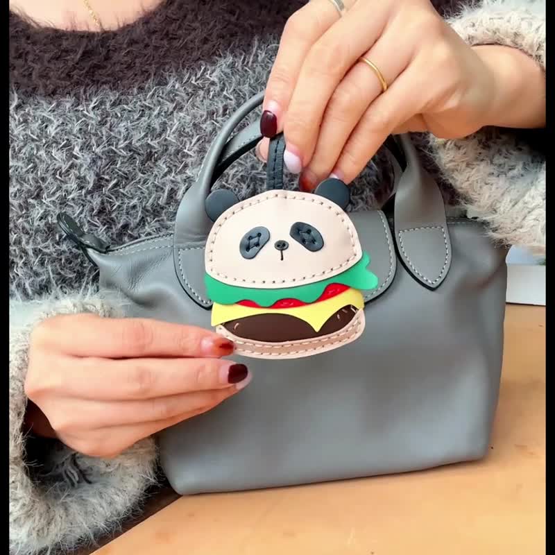 Panda hamburger pendant bag pendant keychain charm genuine leather custom handmade original - พวงกุญแจ - หนังแท้ หลากหลายสี