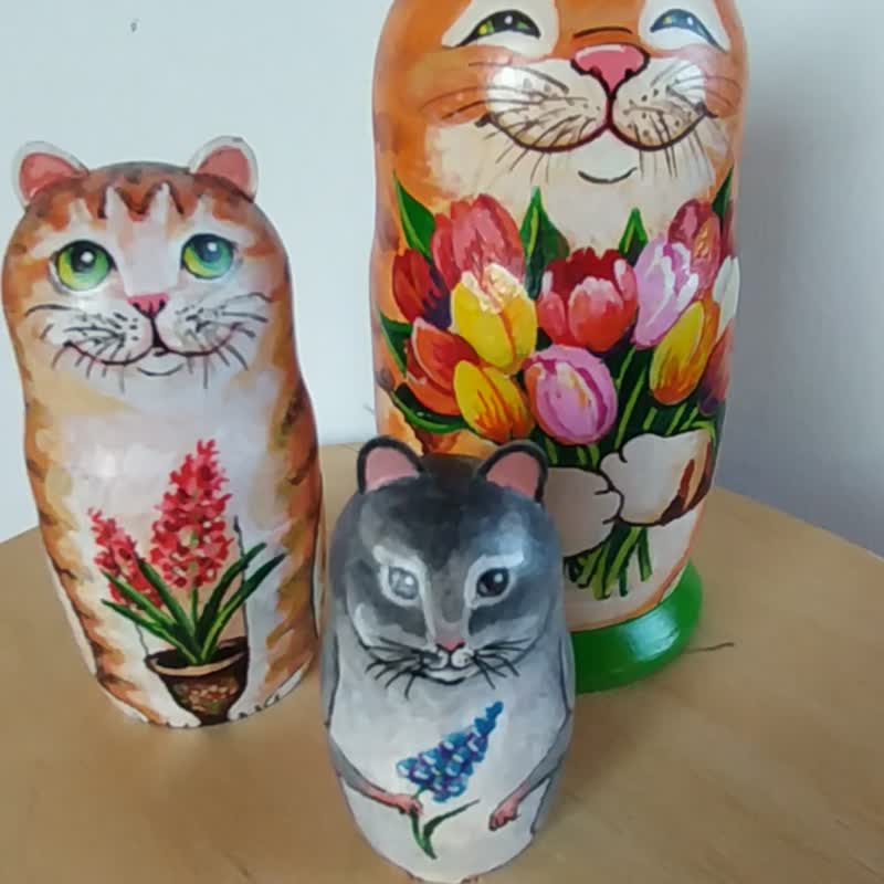 Cat Painting Matryoshka Wood Floral Art Nesting Dolls Animal Painting Cat Art - 玩偶/公仔 - 木頭 橘色