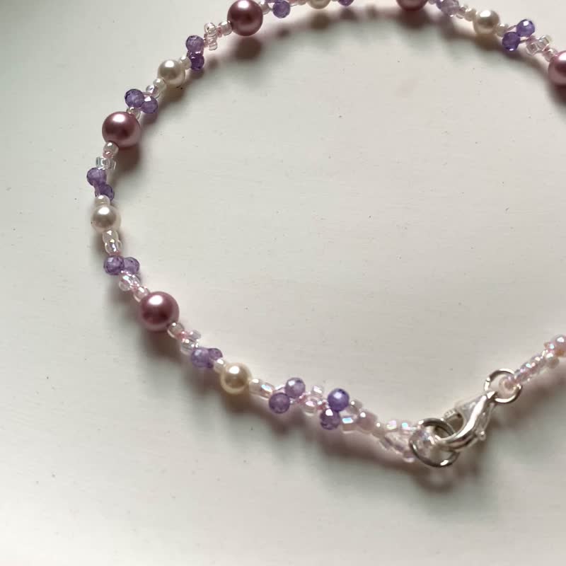 [Kimiko Handmade Jewelry] Rose Pink Pearl Purple Stone Bead Bracelet - Bracelets - Pearl Purple