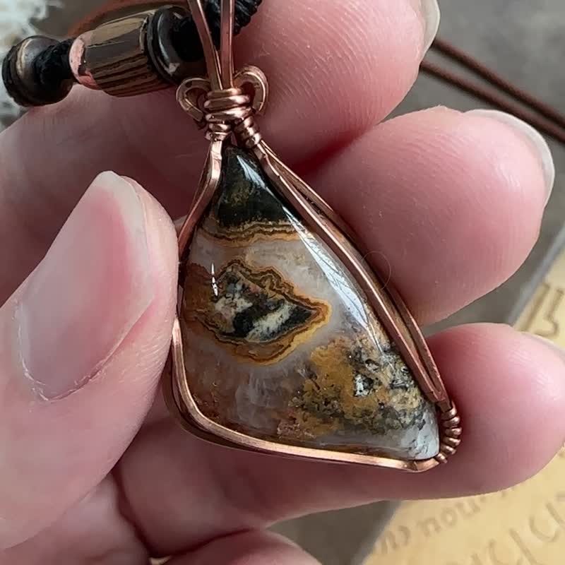 WW304 全手工編織 繞銅線 wire wrap 瘋狂瑪瑙 吊咀 - 項鍊 - 銅/黃銅 咖啡色